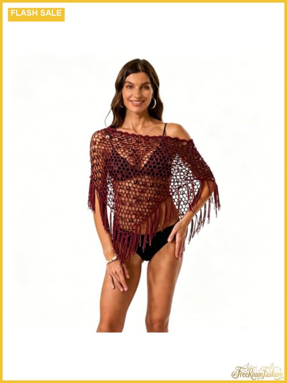 Crochet Cover Up Off Shoulder Beach Poncho Sequins Tassels Swimsuit Wrap